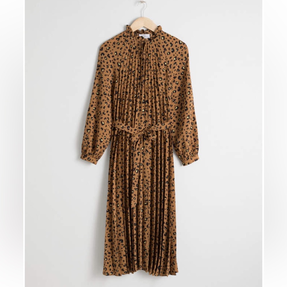 🌟& OTHER STORIES🌟 LEOPARD PRINT PLEATED LONG SLEEVE MIDI DRESS BROWN SZ 6